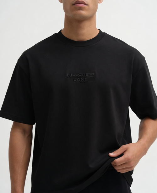 HILLCREST LANE TNU T-Shirt — fully embroidered streetwear tee, front view