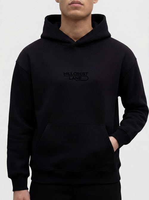 HILLCREST LANE TNU Hoodie — Black, fully embroidered streetwear hoodie