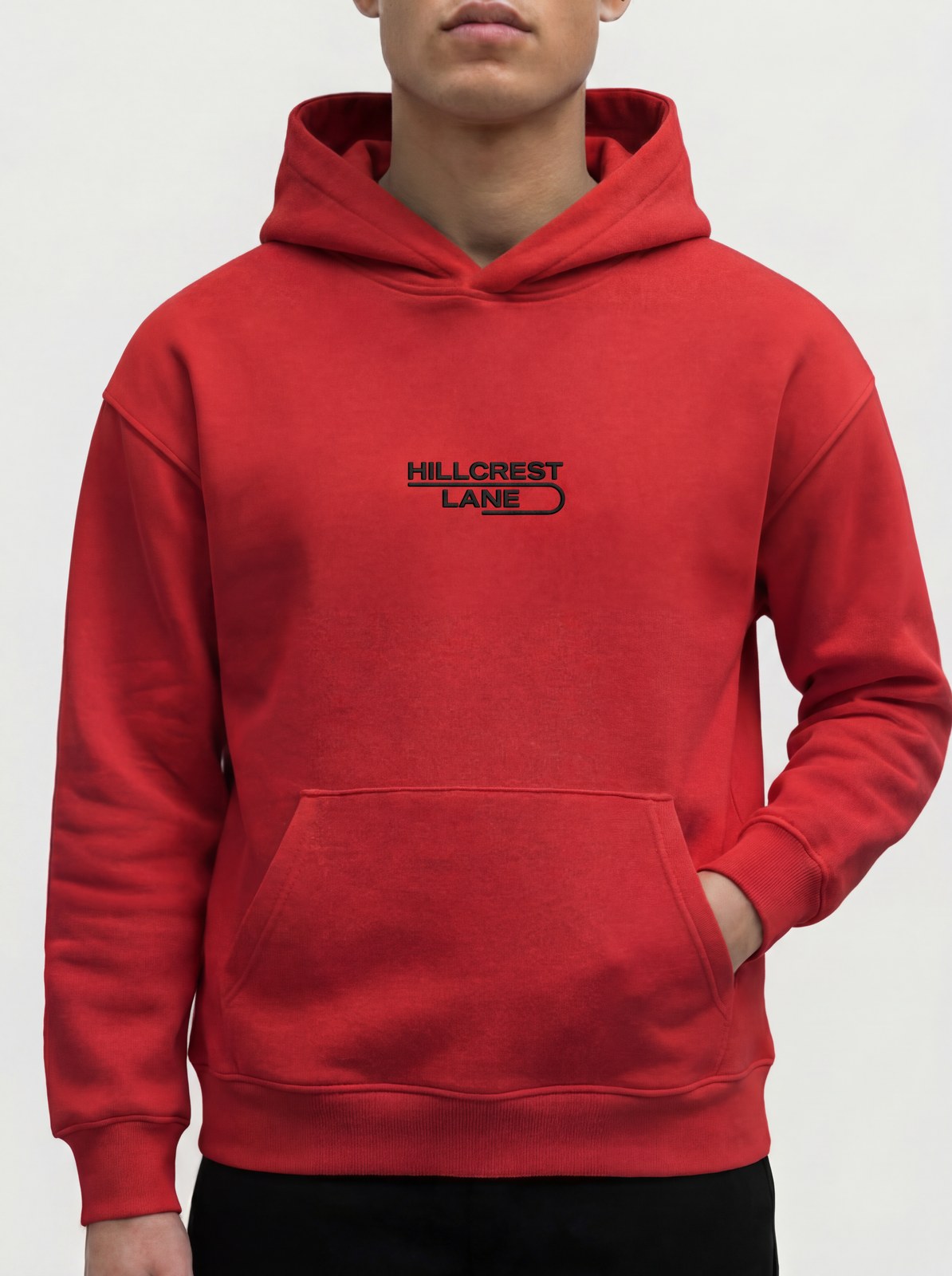 HILLCREST LANE TNU Hoodie — Red, fully embroidered streetwear hoodie
