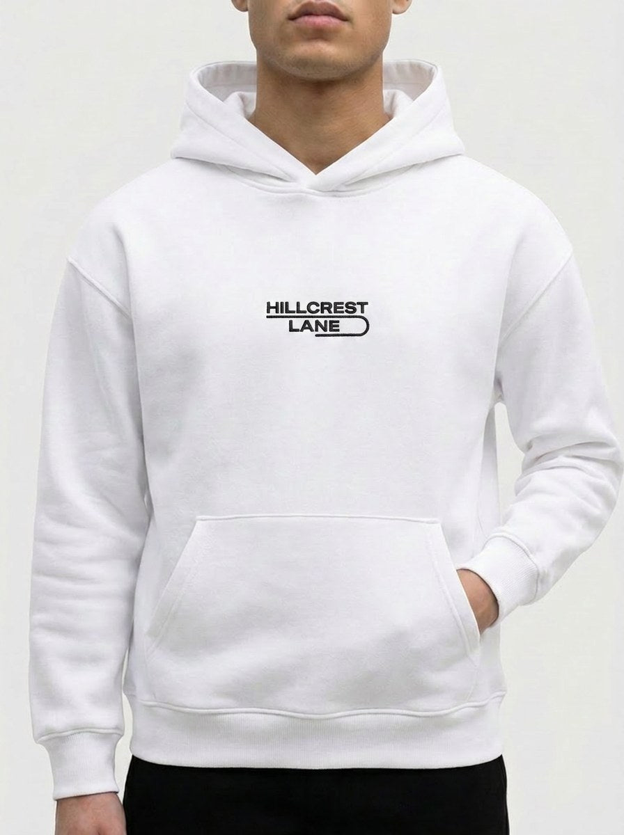HILLCREST LANE TNU Hoodie — White, fully embroidered streetwear hoodie