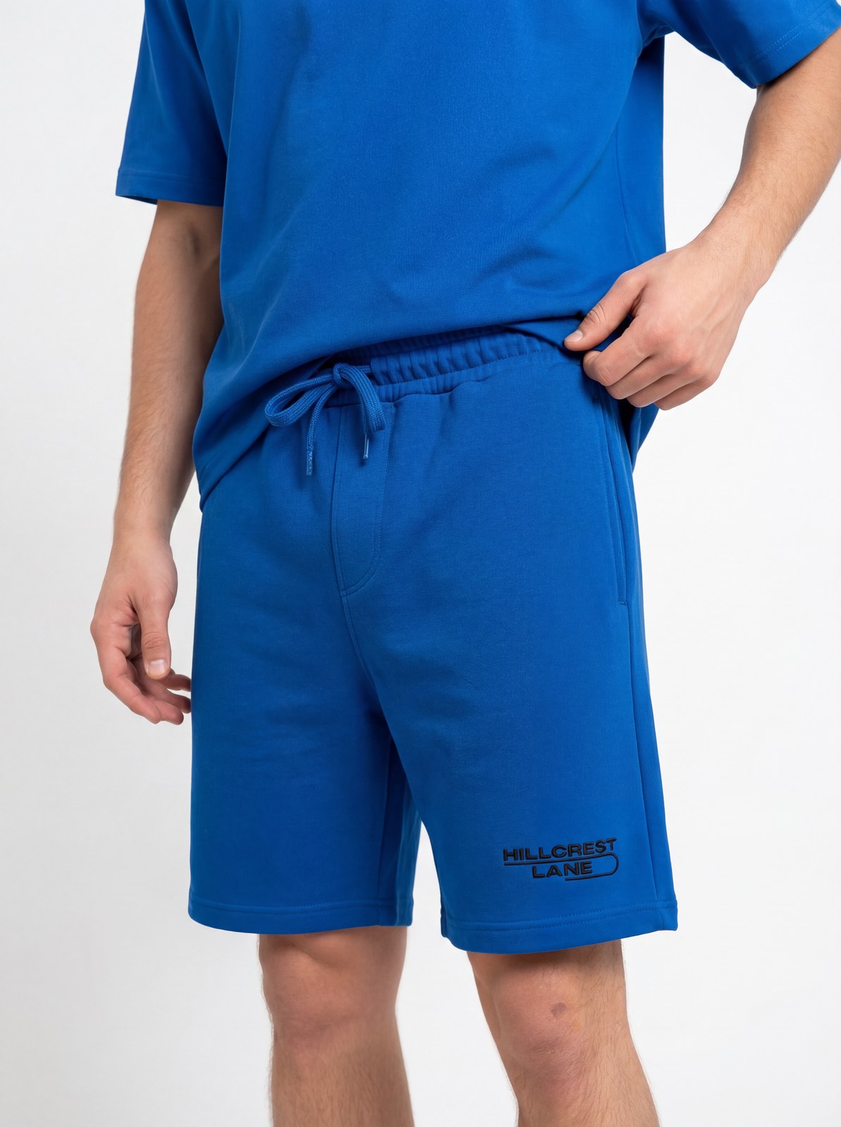 HILLCREST LANE TNU Shorts — Blue, fully embroidered streetwear shorts