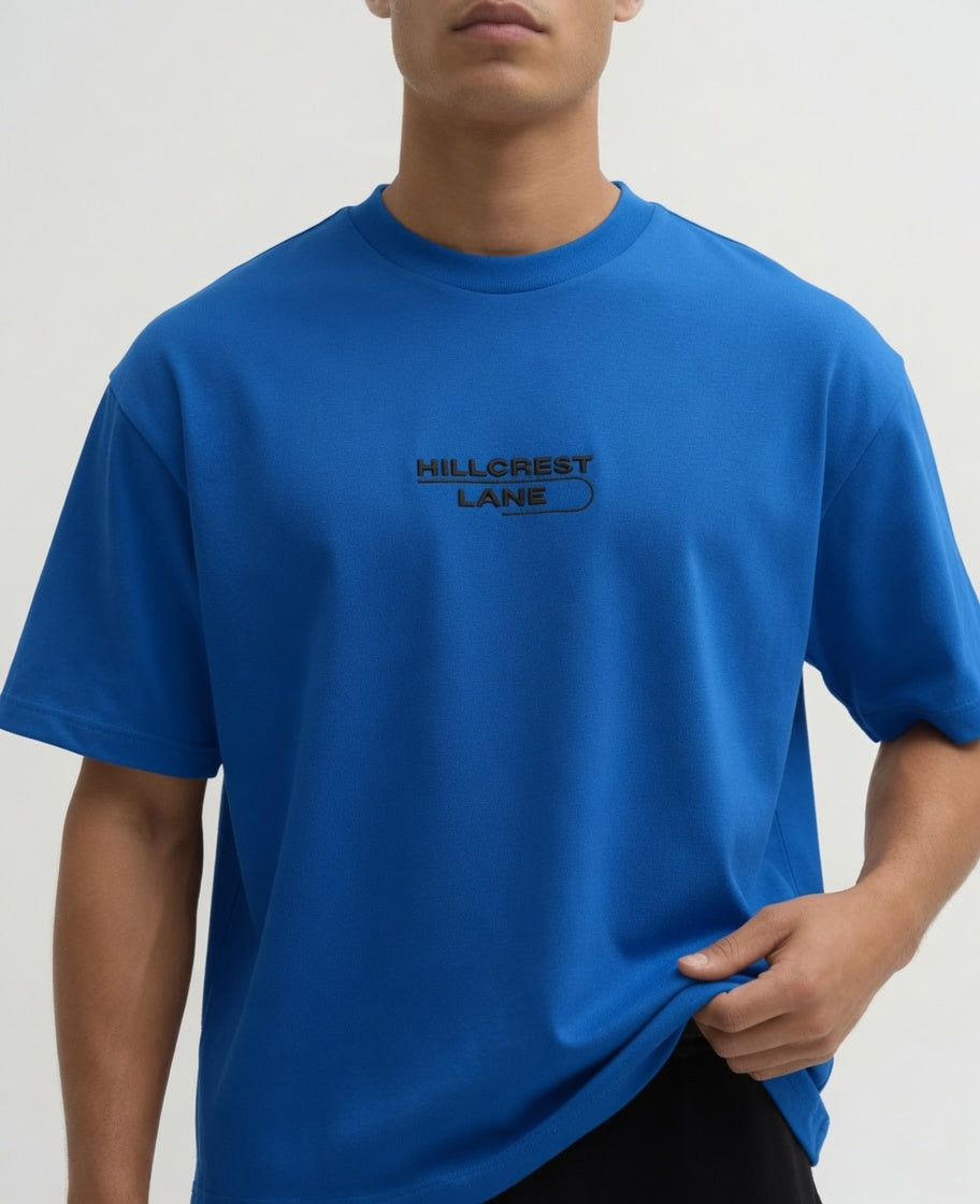HILLCREST LANE TNU T-Shirt — Blue, fully embroidered streetwear tee