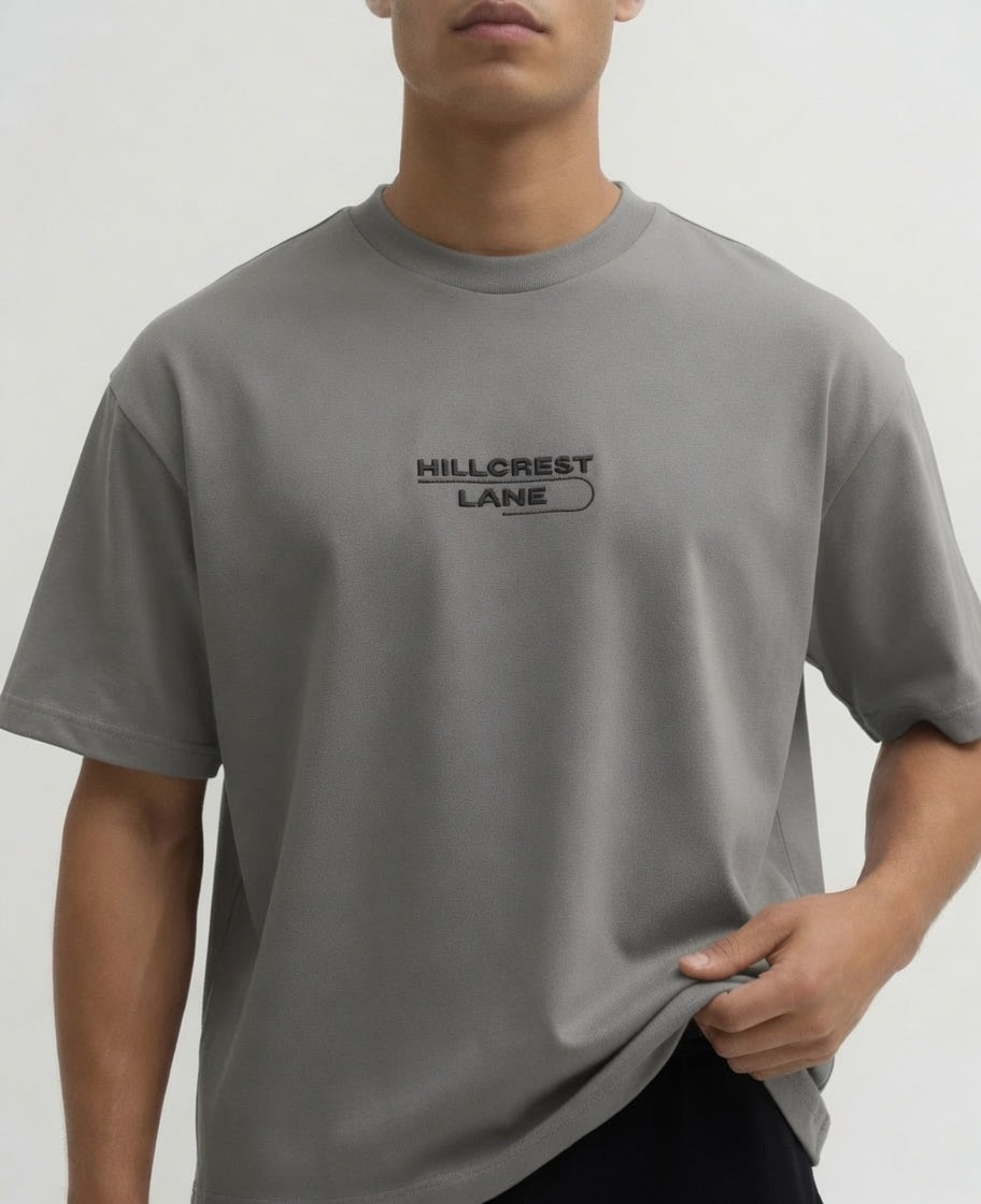 HILLCREST LANE TNU T-Shirt — Gray, fully embroidered streetwear tee