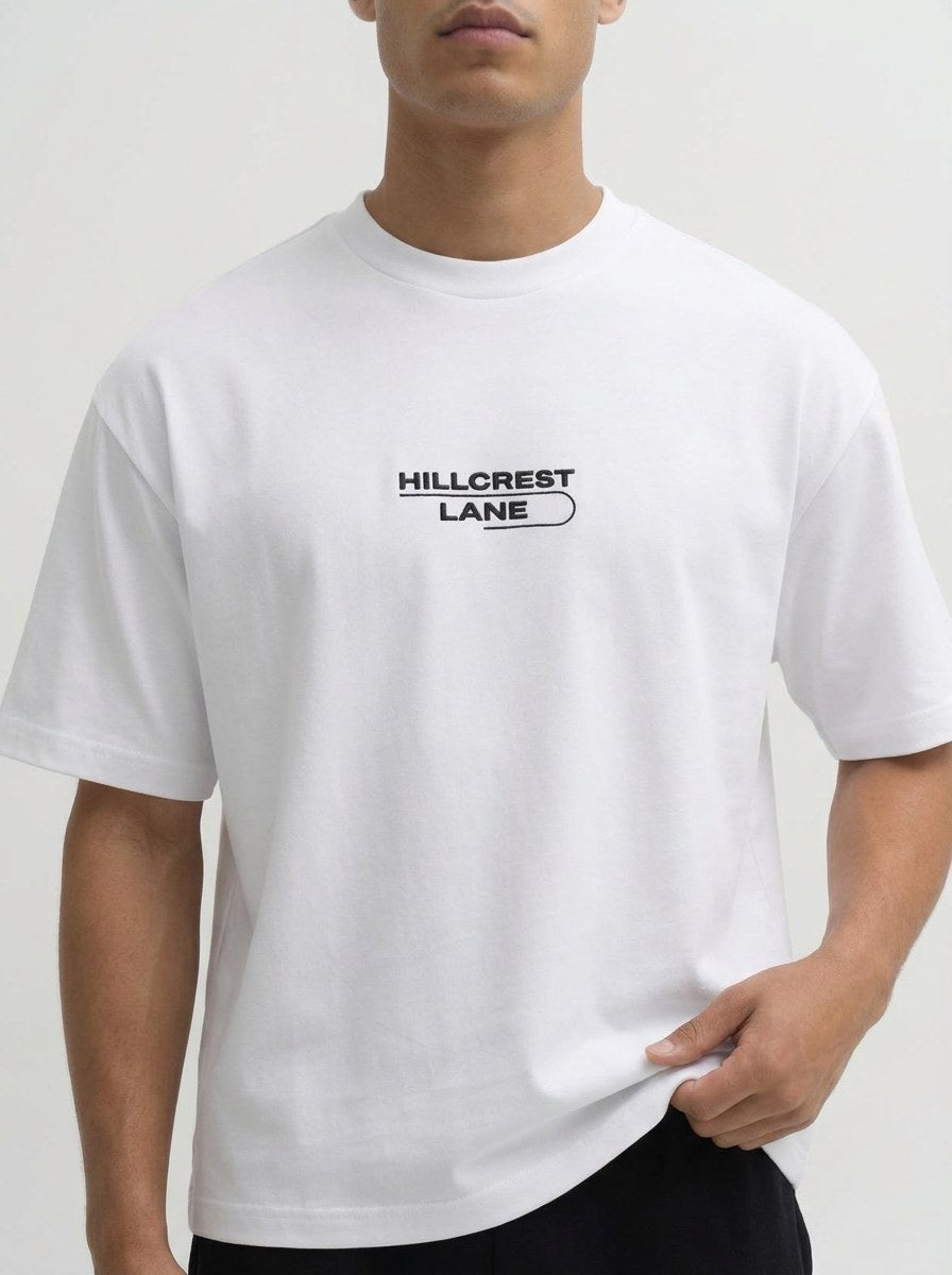 HILLCREST LANE TNU T-Shirt — White, fully embroidered streetwear tee